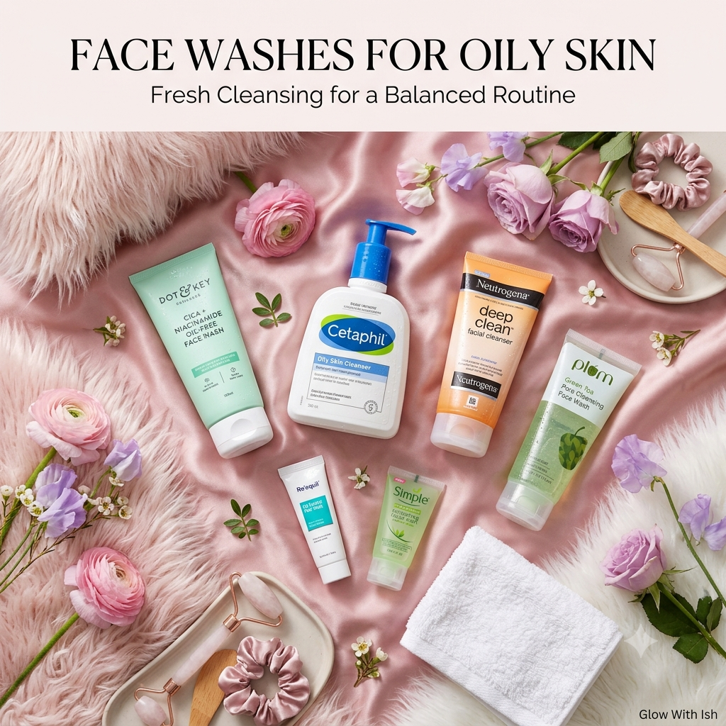 Best face washes for oily skin arranged in a pastel skincare collection