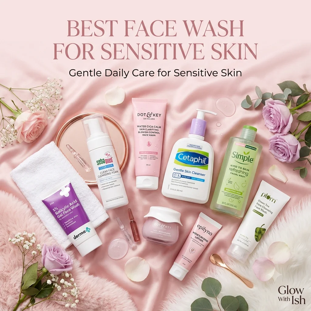 Gentle face washes for sensitive skin arranged in a pastel skincare routine